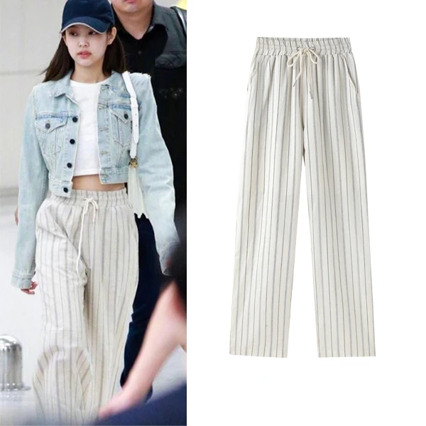 

Jennie Kpop Korean All-match Student Fashion Loose Drawstring Wide Leg Pants Women Streetwear Casual Striped High Waist Trousers