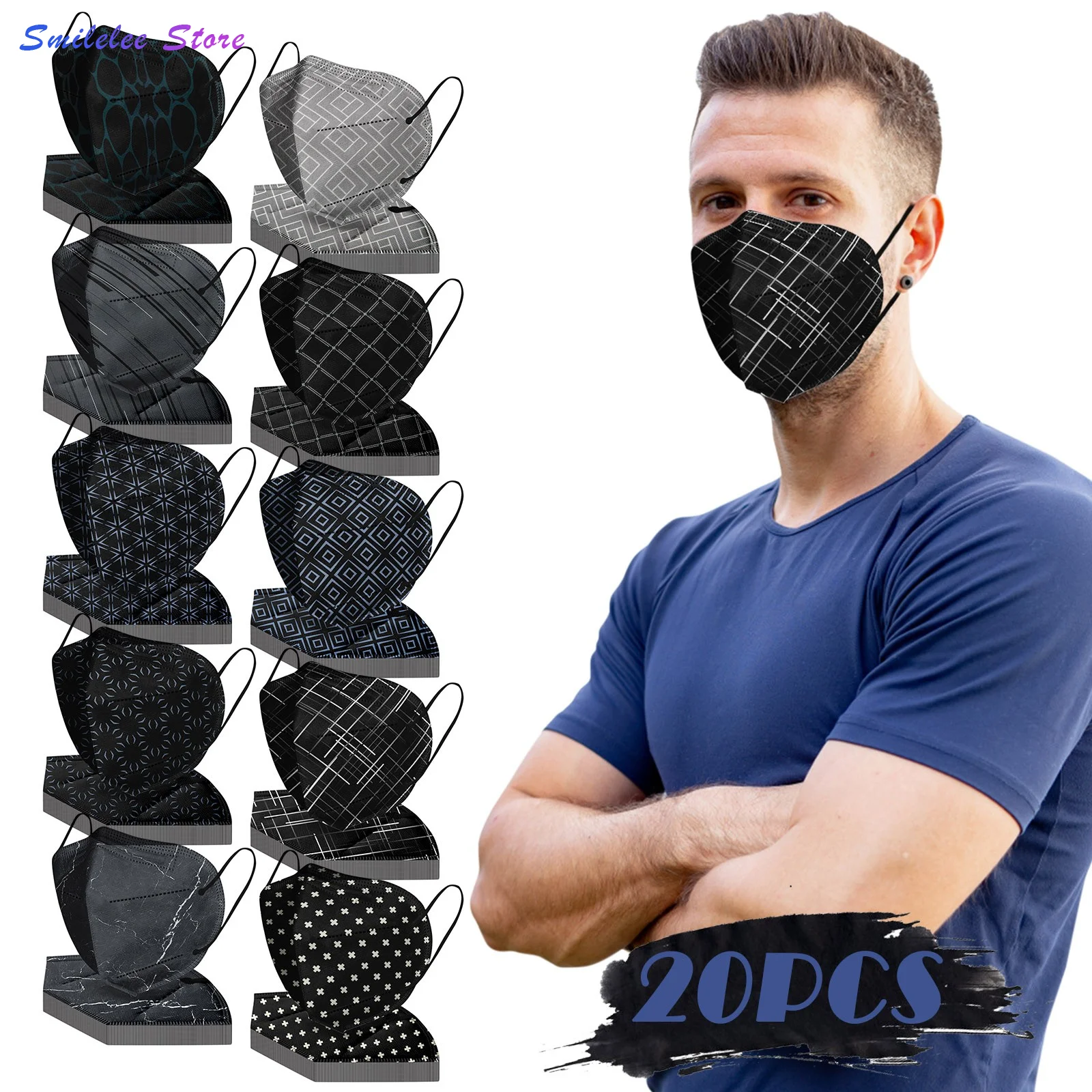 

20pcs Adults Mask Monochrome Outdoor Geometric Prints Disposable Masks Protective Masks Mouth Cover Cosplay Mouth Caps 2022