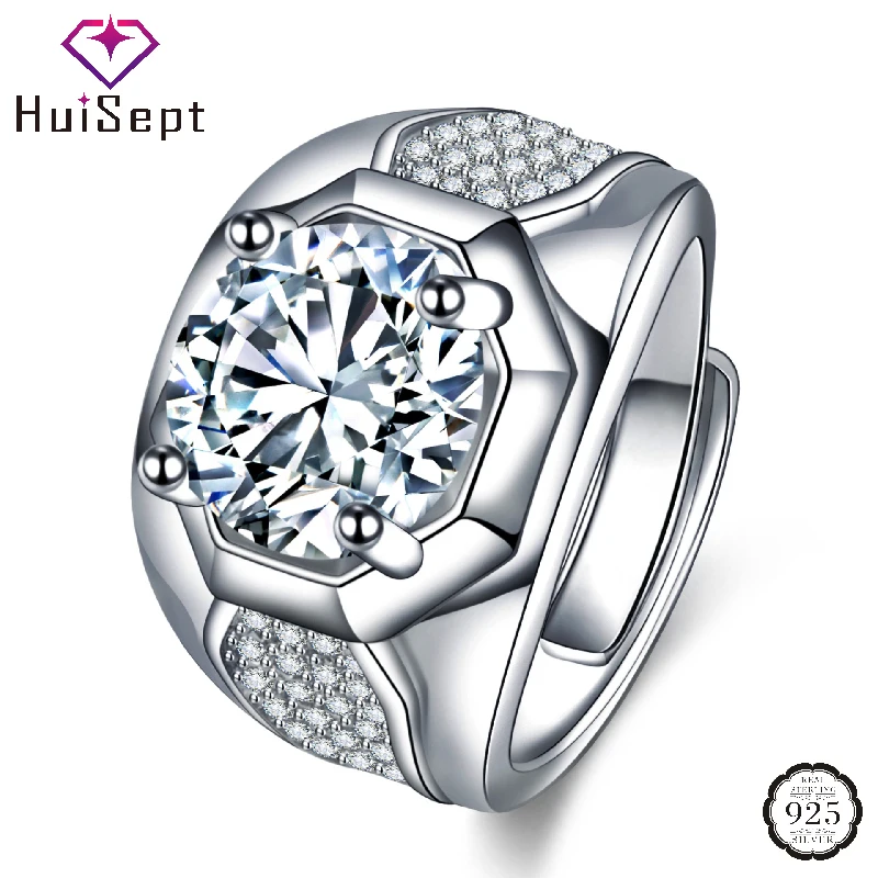 

HuiSept Luxury Men Ring 925 Silver Jewelry Accessories with Zircon Gemstone Ornaments for Wedding Party Gift Open Finger Rings