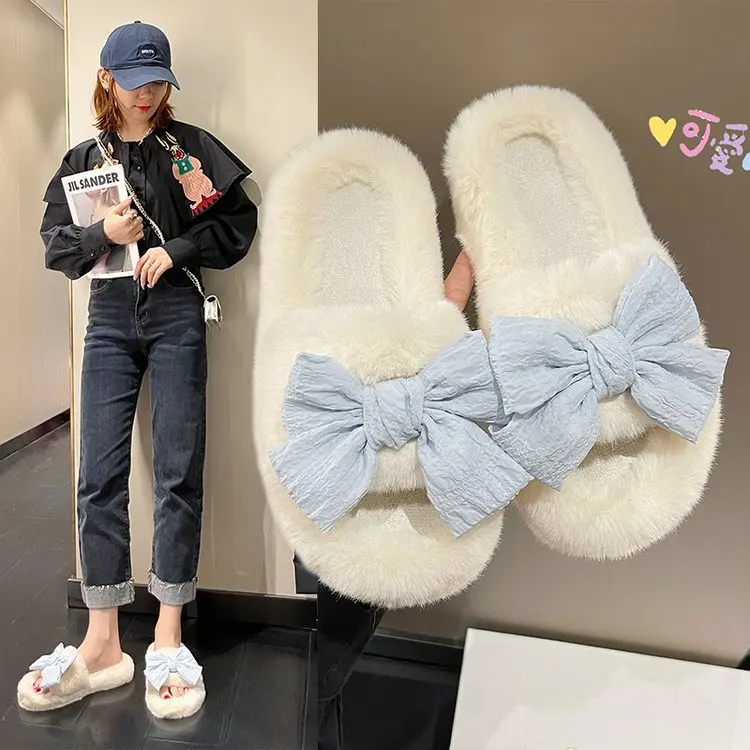 

Shoes Plush Slippers For Adults Flock Butterfly-Knot Slipers Women Beige Heeled Sandals Luxury Slides Fur Flat Massage 2022 Soft