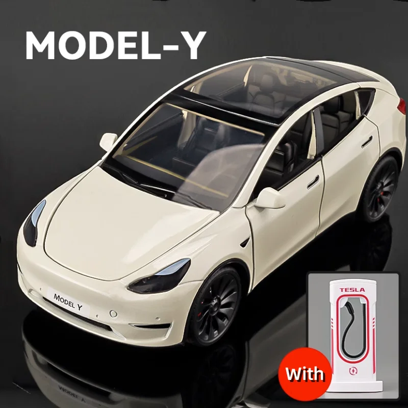 

1:24 Tesla Model Y With Charging Pile Alloy Car Model Diecast Metal Toy Simulation Sound and Light Childrens Collectibles Gifts