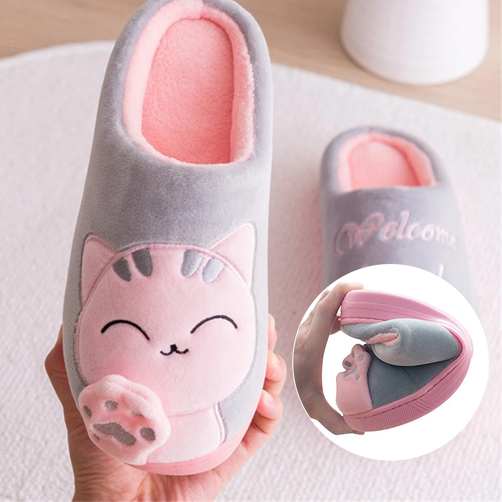 

Cartoon Plush Slippers Fleece Lined Warm Winter Drag Shoes For Adults Indoors For Men Women Anti-Slip TPR Bottom Cute Cat