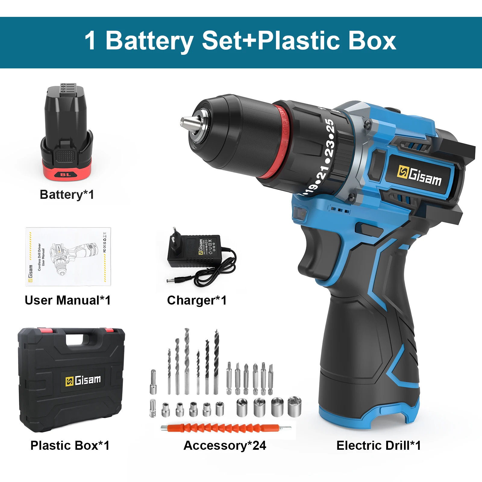 

Gisam Бесщеточная аккумуляторная дрель 23+3 скорости 16,8В