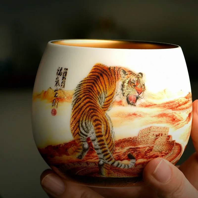 |of the tiger handmade lanolin jade porcelain pure gold gilded Calendula high-end gift household large Kung Fu tea cup