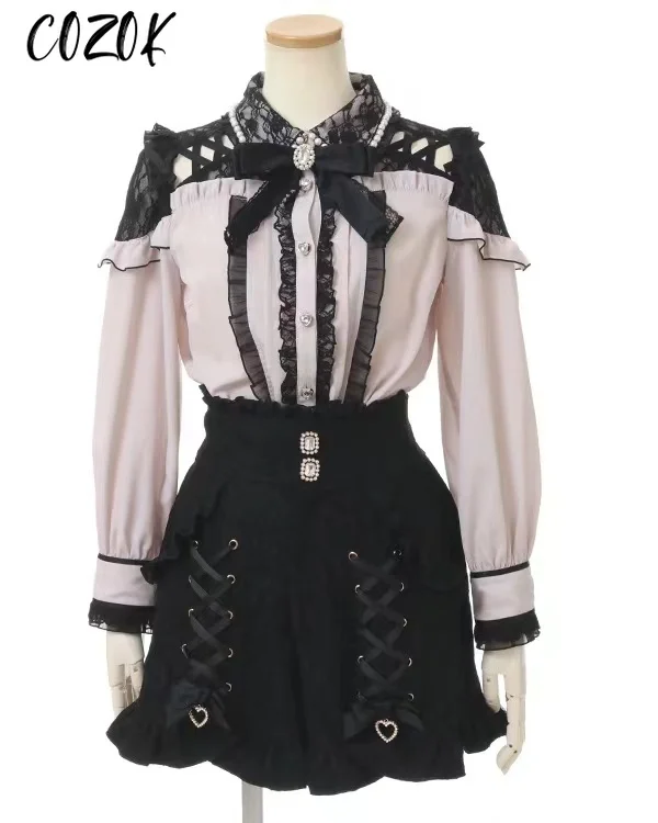 Японская рубашка блузка кружево розовая милая с милым бантом полый топ длинными