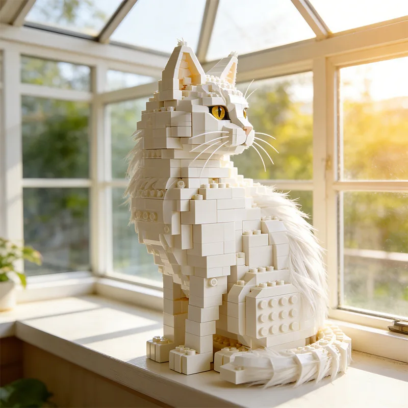 Фото Большой набор строительных блоков MOC «Кошка Мейн-Кун», совместимый с конструкторами известных брендов, реалистичная модель кошки серебристой табби, украшение для дома, сделай сам №3