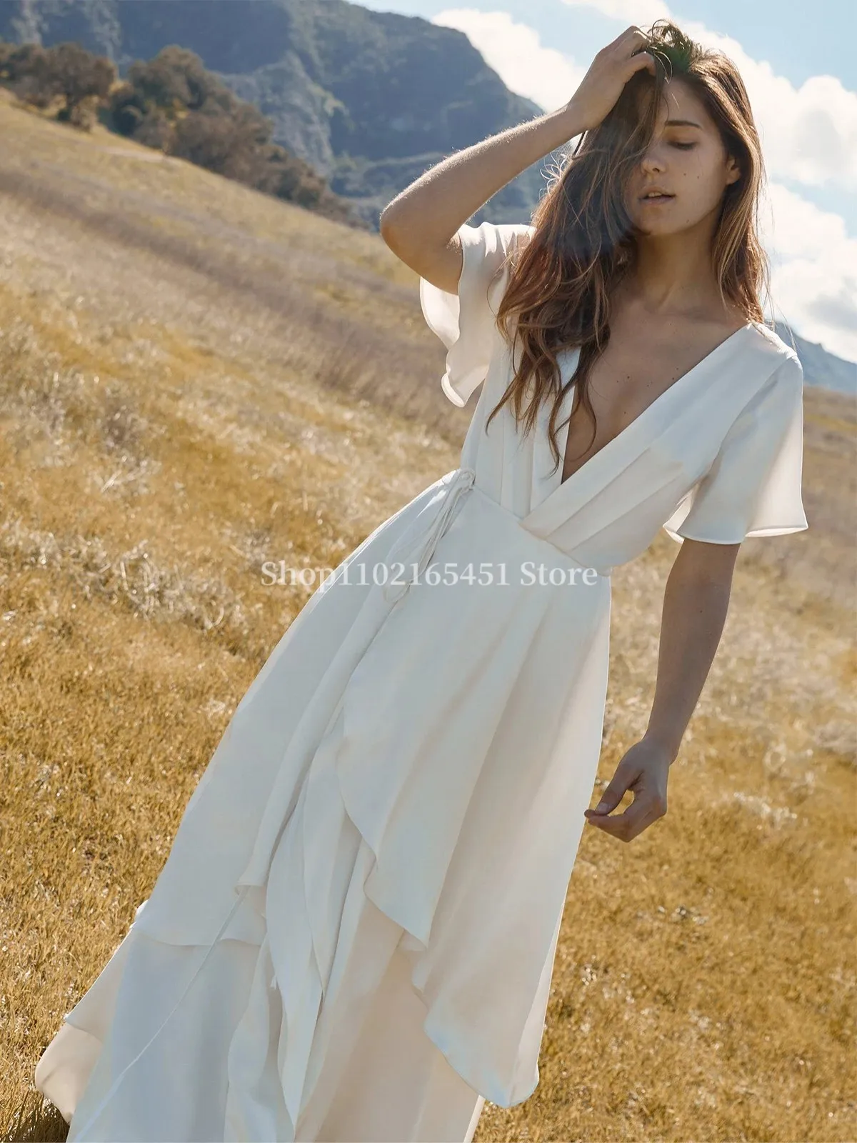 

Богемные искусственные шифоновые Свадебные платья с разрезом в стиле бохо, свадебные платья невесты с глубоким V-образным вырезом, индивидуальный пошив