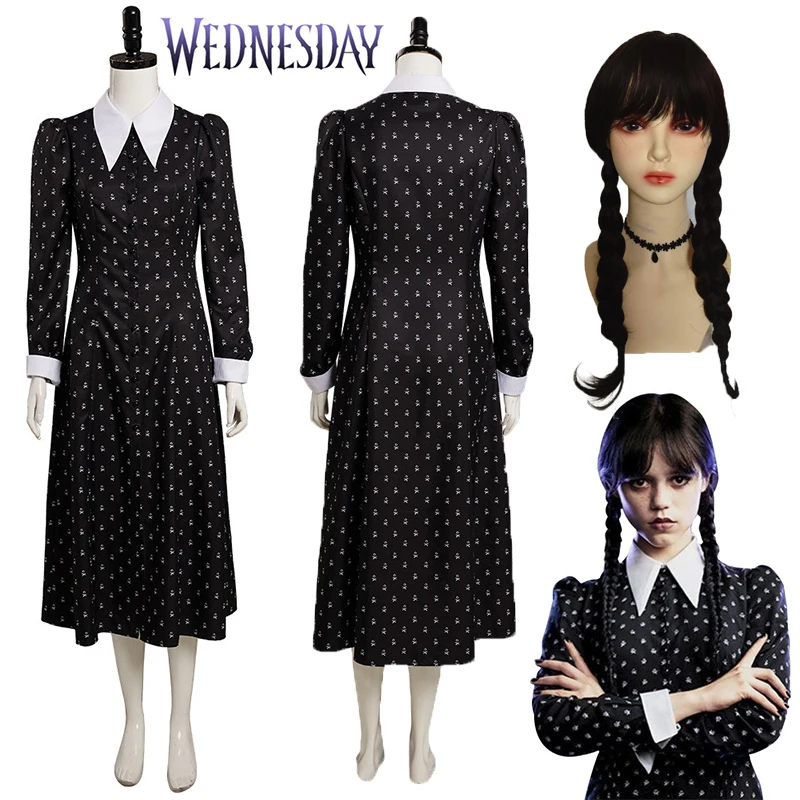 

Movie Wednesday Addams Dresses Cosplay Costumes Women Girl Wednesday Addams Cosplay Dress Outfits Black Gothic Printing Costume