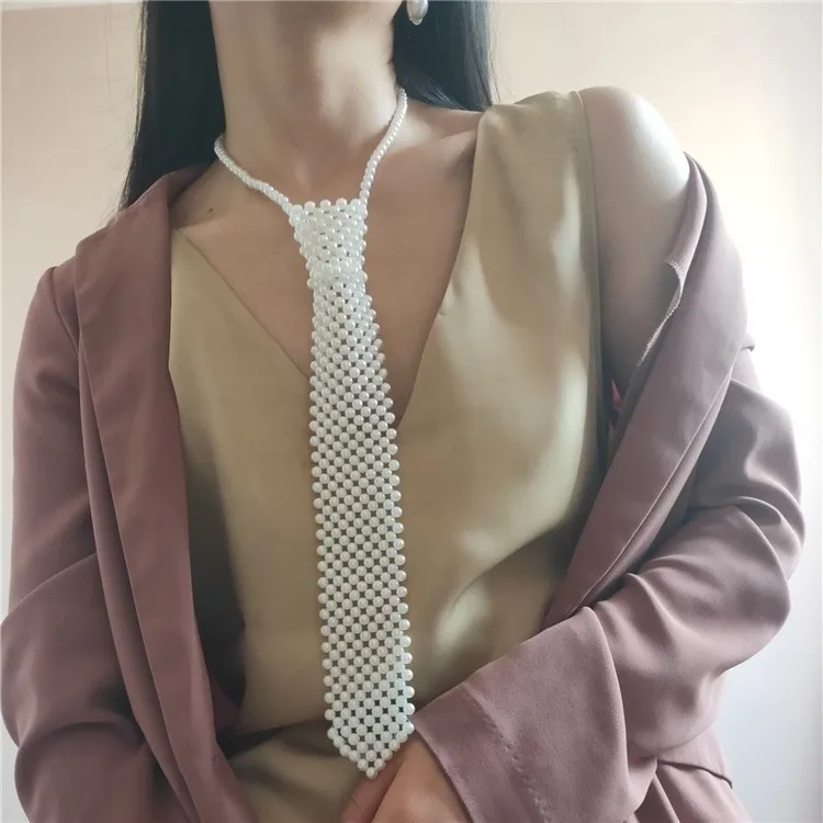 

Женский жемчужный галстук, винтажное ожерелье из искусственного жемчуга с вышивкой бусинами в стиле ретро, колье-чокер для рубашки