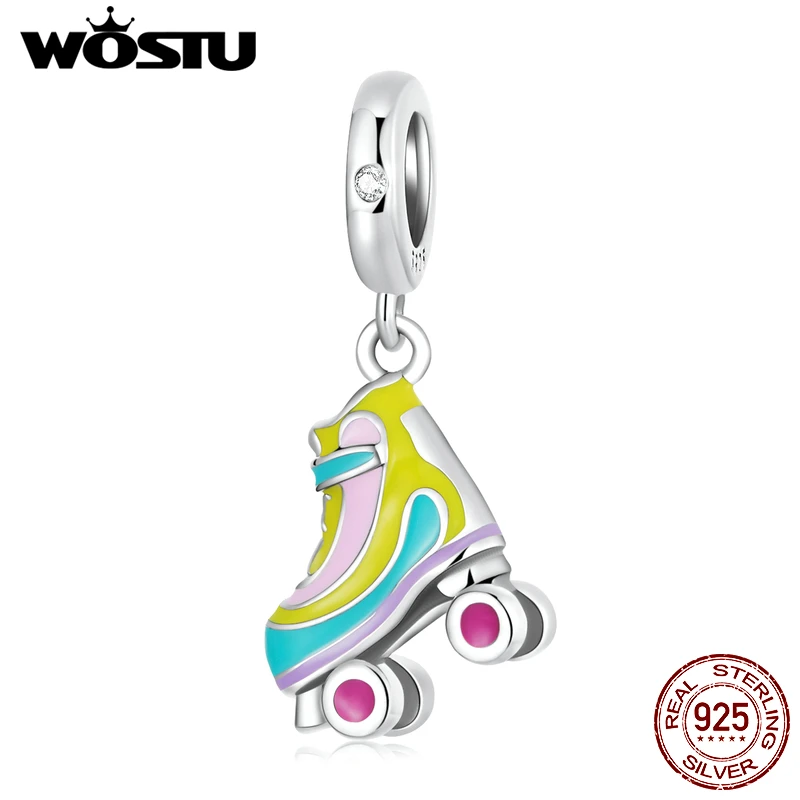 

WOSTU 925 Sterling Silver Rainbow Charms Roller skate pendant Fit Original Bracelet DIY Necklace For Women Sporty Jewelry Gift