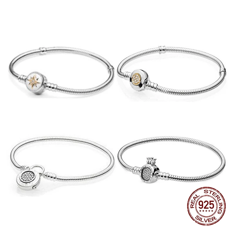 

S925 Sterling Silver Fit Original Pandora Charms Crown Bracelet Simple Snake Bone Chain Bracelet DIY Accessories