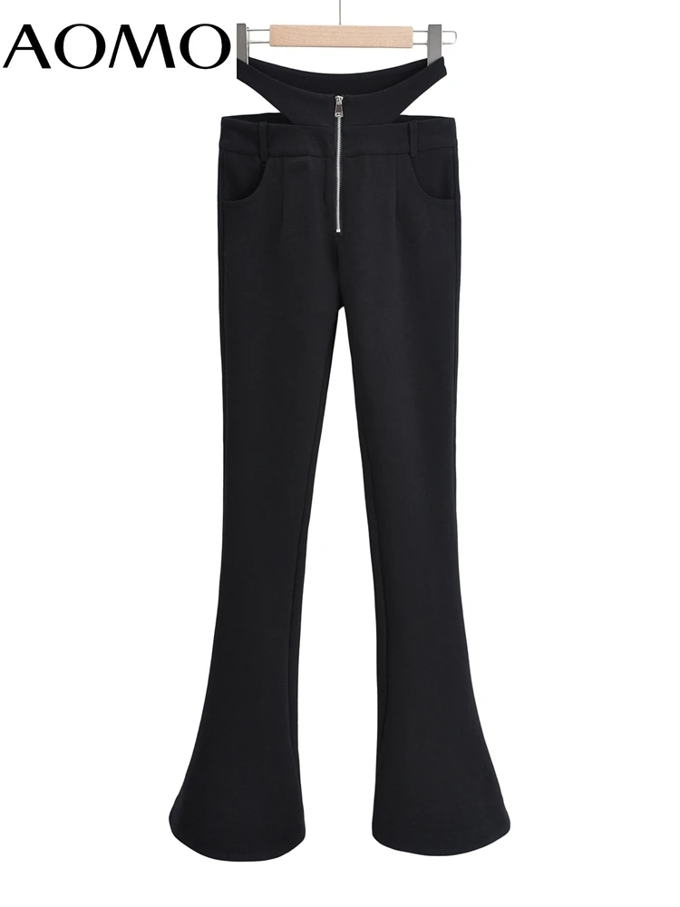 

AOMO 2022 Fashion Women Waist Hollow Flare Pants Trousers Female Black Pants 4P113A
