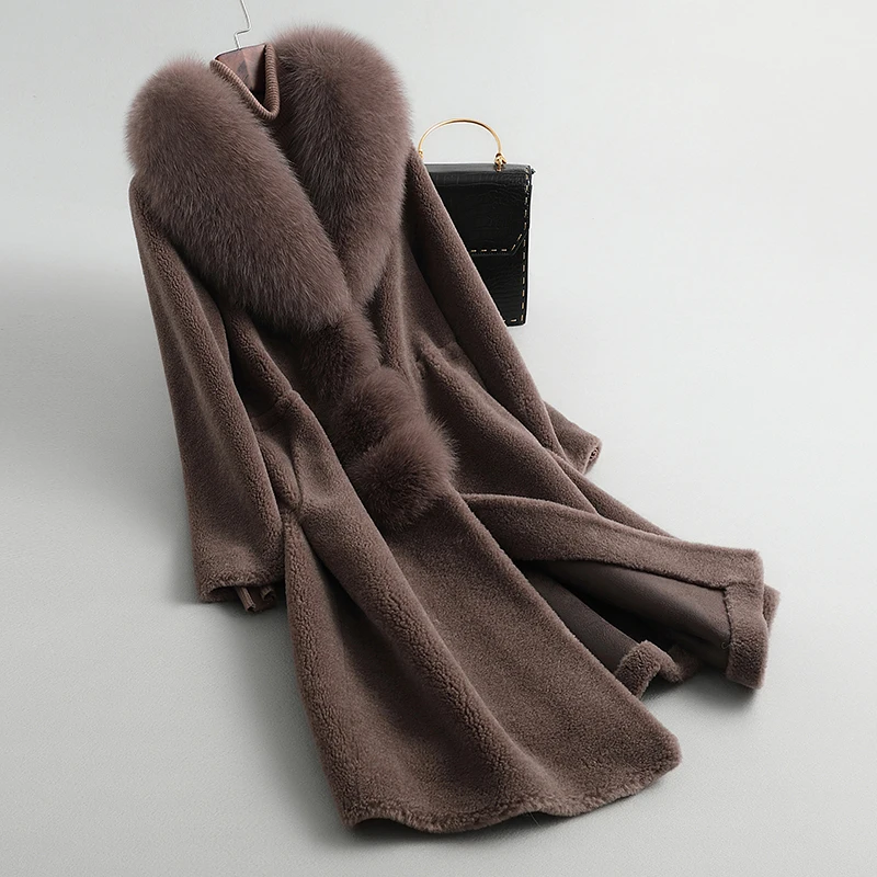 GOURS Real Fur Coats for Women Winter Long Coats and Jackets Natural Wool Clothes Fox Fur Collar Warm Soft Plus Size New LD8828