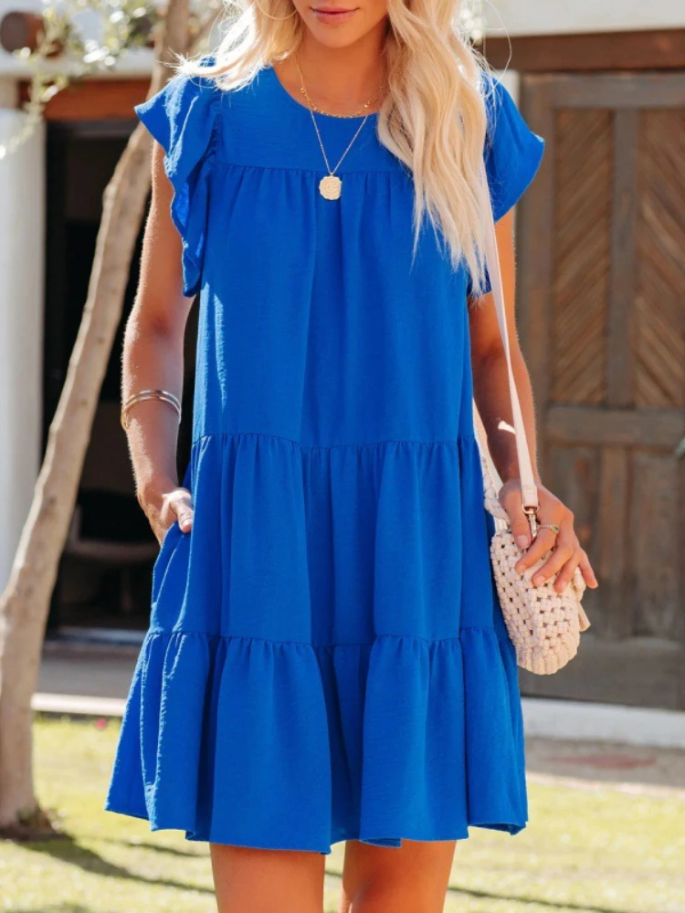 

Новинка Весна 2022 модное Плиссированное свободное и удобное однотонное платье Feifei с короткими рукавами женская юбка миди с круглым вырезом