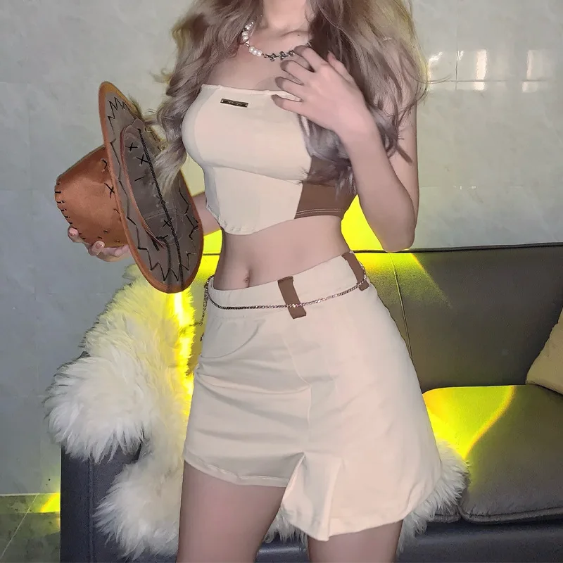 

ZELI Y2K Sexy Streetwear Party Club Tracksuit Outfit 2022 Summer Women Patchwork 2 Pieces Strap Camis Mini Skirt Set Bodycon