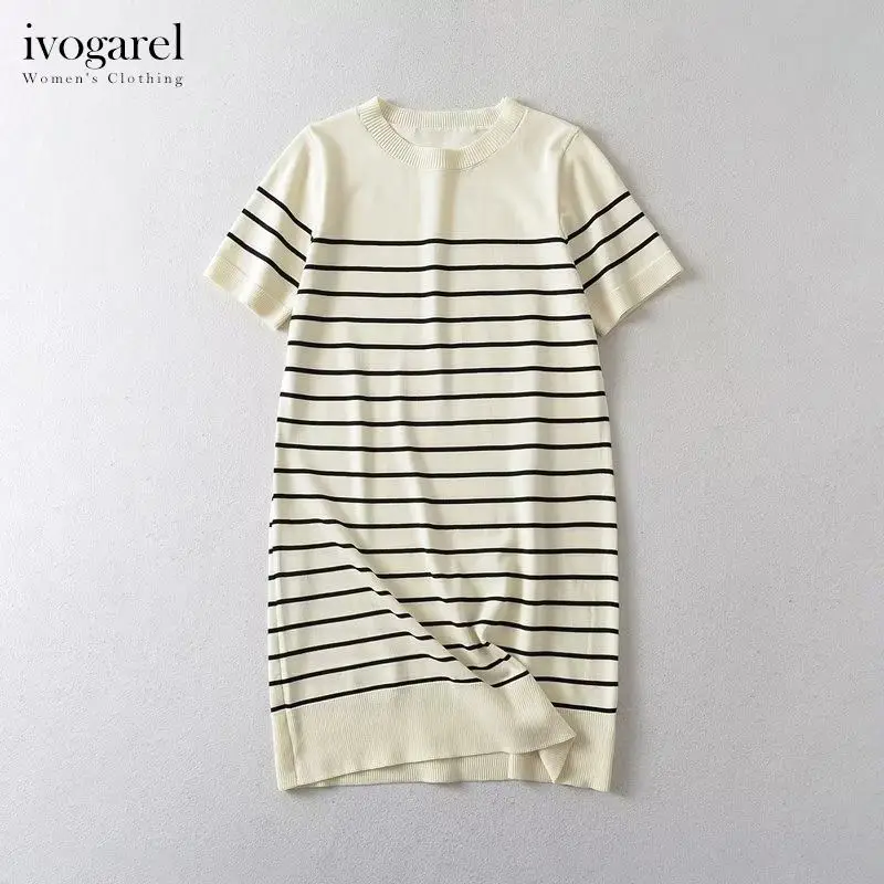 

Ivogarel Flattering Striped Knit Dress, Short Sleeve Round Neck Dress, Slimming and Youthful Casual Home Wear, Trafza 2023 Style