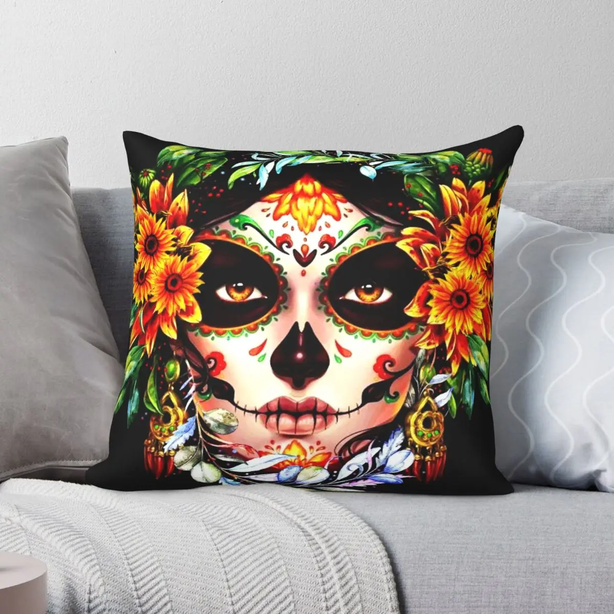 

Квадратная подушка Catrinamexican с изображением сахарного черепа для девочки чехол из полиэстера и льна с бархатным узором на молнии Декоративна...