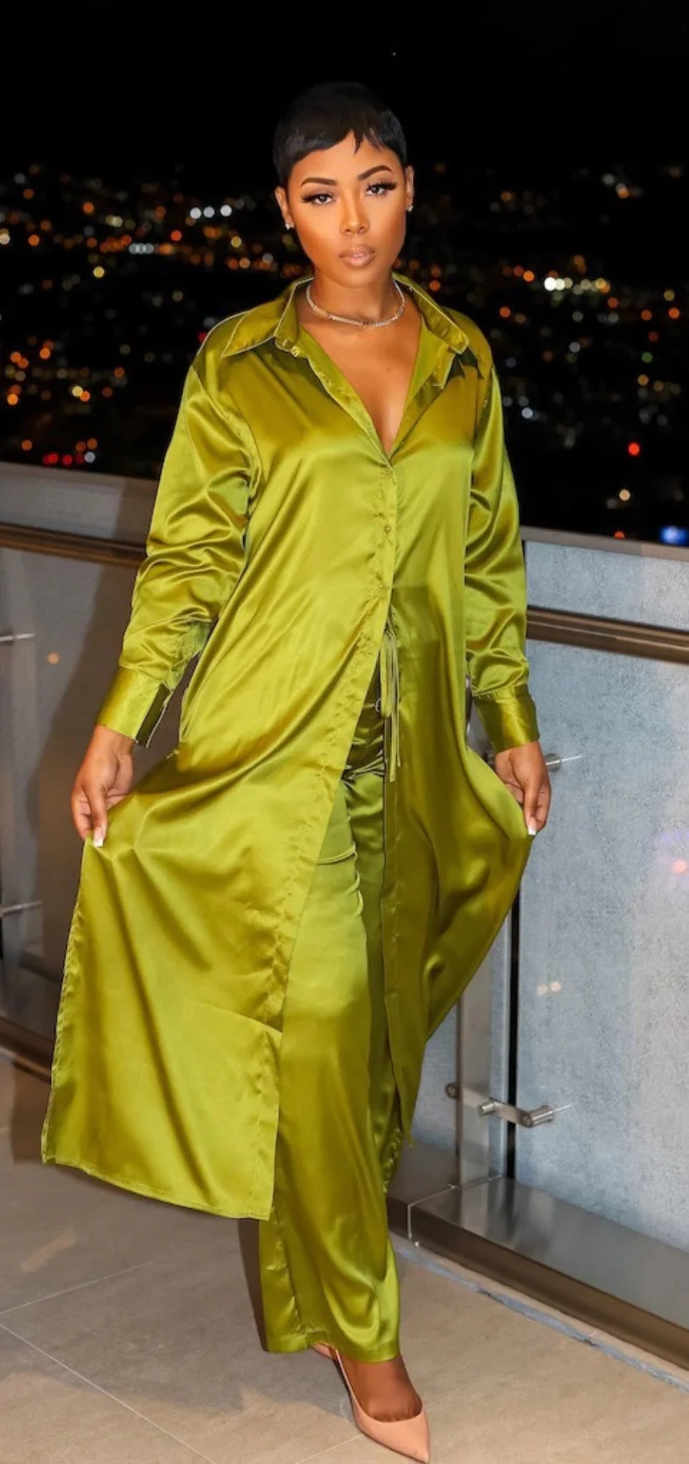 

Женский атласный комплект из двух предметов, Повседневная рубашка на пуговицах с разрезом и широкие брюки, весна-лето 2013