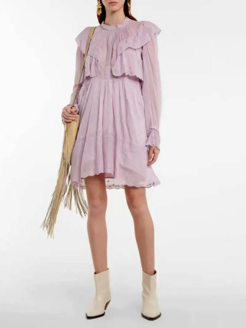 

Women Mini Dress Lace Embroidery Ruffles Stand Collar Sweet Robe