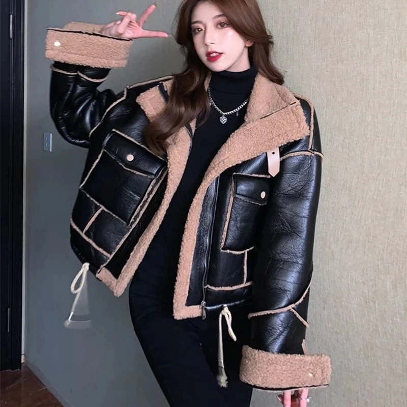 

Korean Faux Lamb Fur Loose Short Padded PU Leather Tooling Cotton Jacket Female Warm Parkas Black Women's Winter Sheepskin Coat