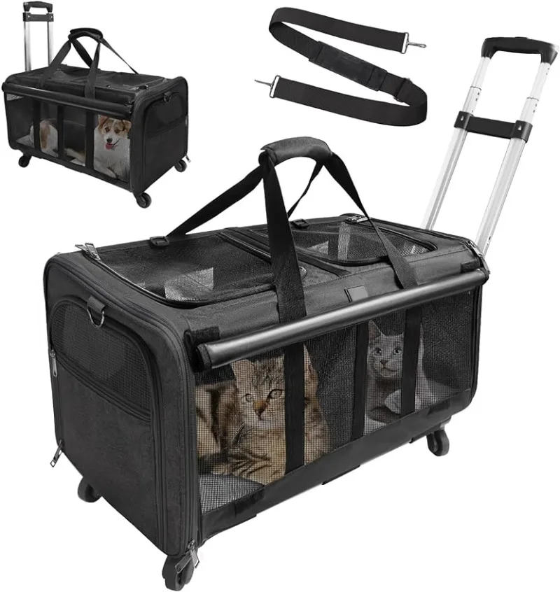 

Double-Compartment Pet Rolling Carrier with Wheels for 2 Pets,Cat Rolling Carrier for 2 Cats