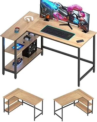 

L Shaped Computer Desk - Home Office Desk with Shelf, Gaming Desk Corner Table for Work, Writing and Study, Space-Saving, White.