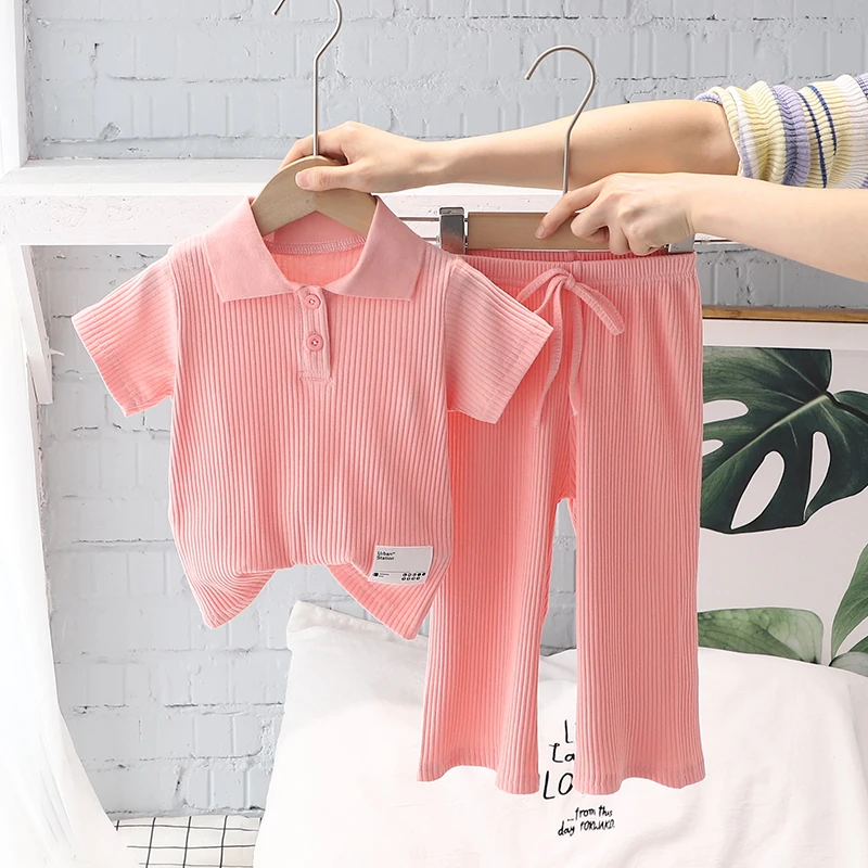 Летний комплект из футболки для девочек пуловер с коротким рукавом и отложным