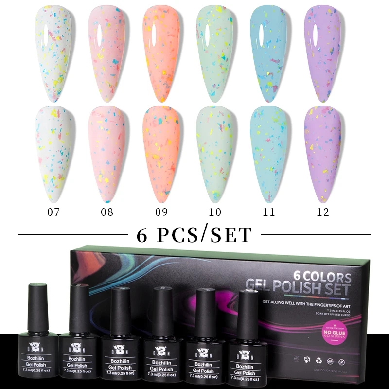 

BOZLIN 7.3ML Glass Bottle Colorful Glitter Rubber Base Gel Kit Pink White Sequins Semi Permanent UV LED Nail Art Gel Varnish