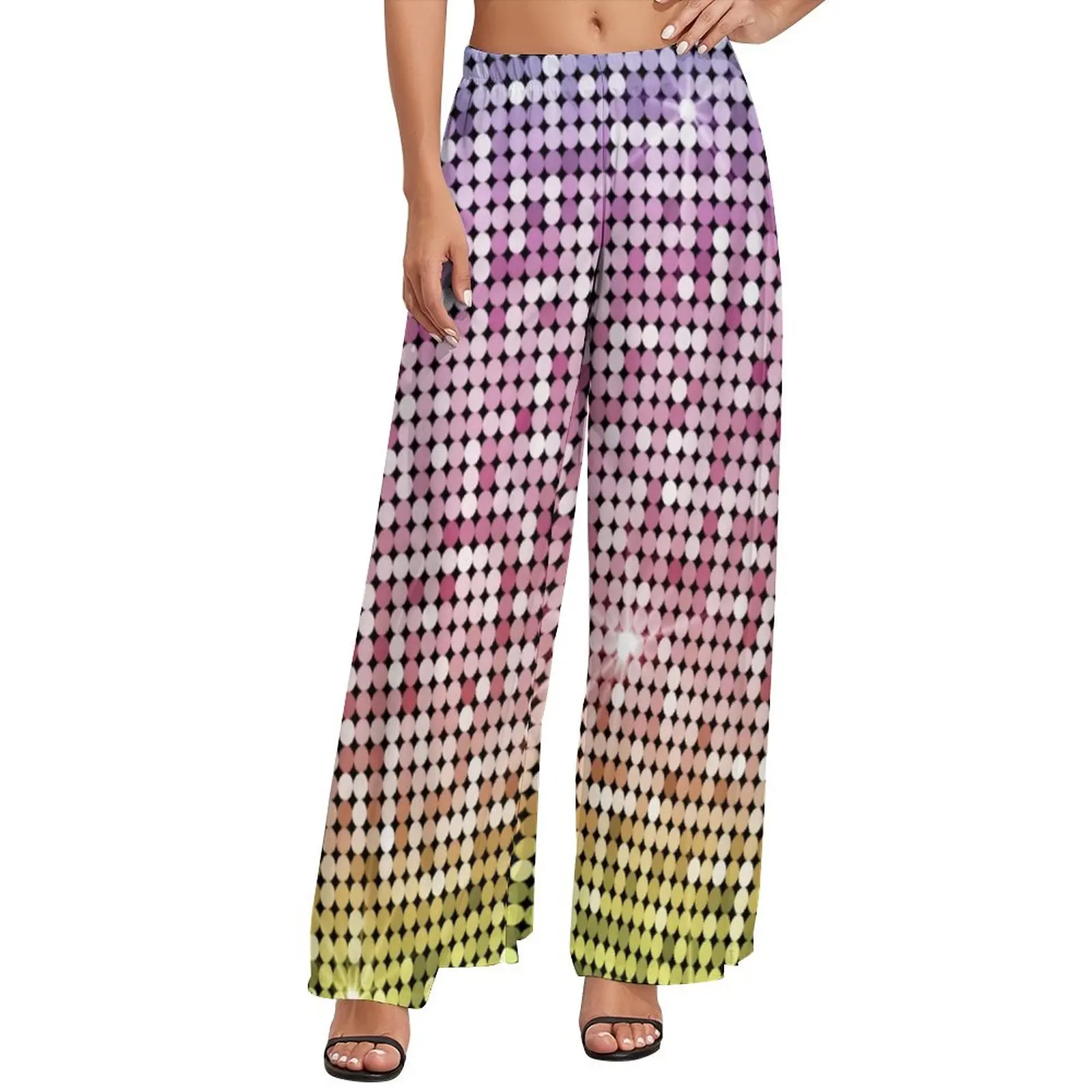 

Shiny Disco Ball Pants Women Rainbow Sequins Print Street Fashion Trousers High Waist Kawaii Wide Leg Pants Gift Idea