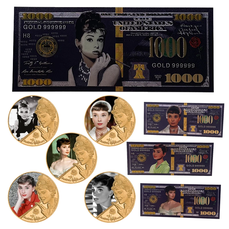 

Famous Person Coin Audrey Hepburn Gold Plated Coin and Cool Black Gold Banknotes Movie Star The Angel Lady Coin for Collection