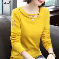 spring autumn new fashion solid color v neck long sleeved t shirts hollow out trend all match casual top womens clothing 2022