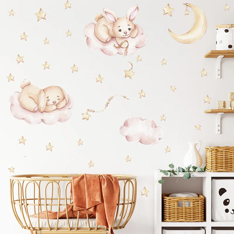 

Cute Bunny Cloud Wall Stickers for Kids Rooms Girls Baby Room Bedroom Decoration Nursery Wallpaper Kawaii Cartoon Bear Elephant