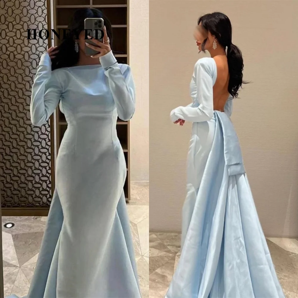 

Платье для выпускного вечера, Элегантное Атласное Платье-футляр с вырезом лодочкой и длинным рукавом, с открытой спиной, торжественное вечернее платье