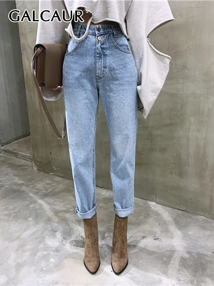 

GALCAUR Patchwork Pockets Casual Plain Jeans Female High Waist Loose Ankle Length Straight Denim Pants For Women 2022 Clothing