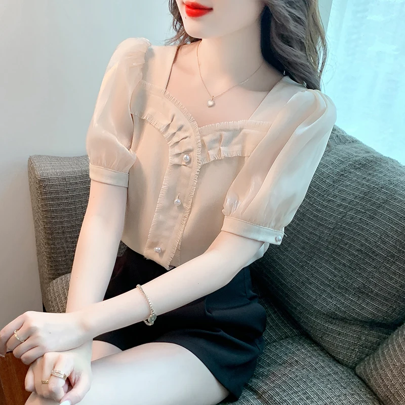 

Шифоновая женская блузка с оборками, приталенная рубашка с коротким рукавом, повседневный женский топ, новинка 2022, одежда в Корейском стиле