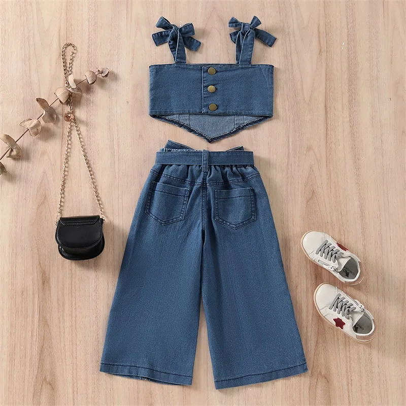 

Newborn Baby Girl's 2Pcs Suit Solid Color Sleeveless Backless Denim Sling Tops Vest Wide-Leg Slit Pants 1-6Years