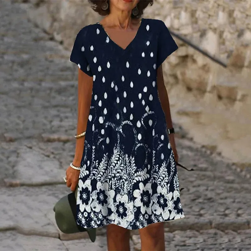 

Women's Shift Dress Short Mini Dress Blue Wine Navy Blue Short Sleeve Floral Print Spring Summer V Neck Casual Vacation 2022