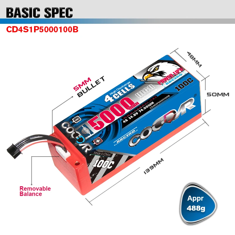 

CODDAR 14.8V 4S 5000mAh Lipo Battery 100C With XT60 T Deans Plug HardCase For RC Car RC 1/8 Vehicles Truck Tank Truggy Buggy