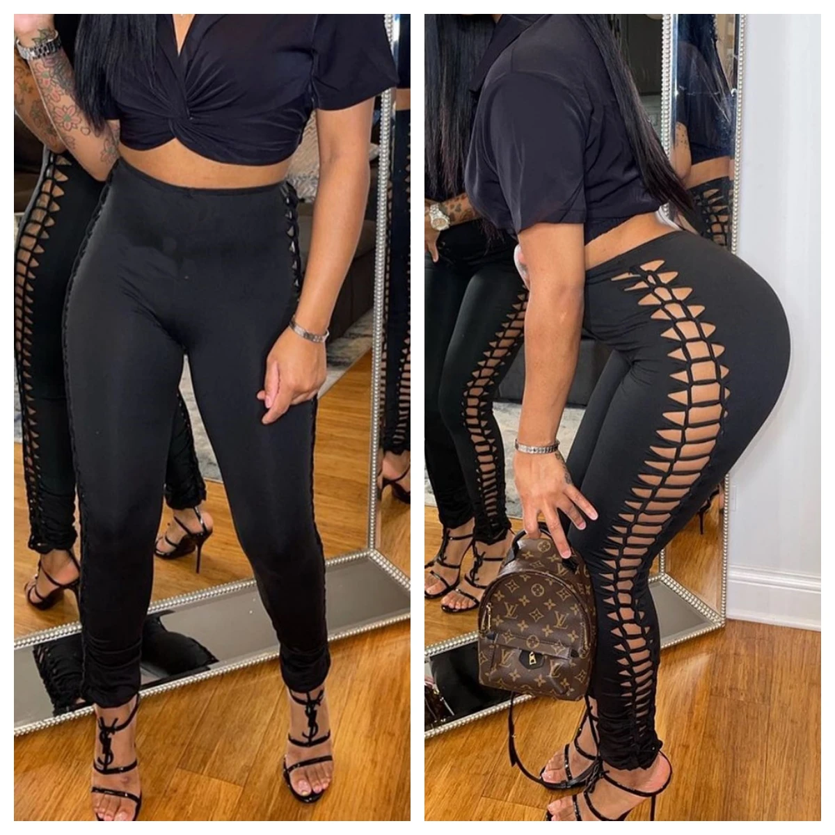 

Side Cut Out Leggings Women Pants Fashion Clothing Sexy Elastic Skinny Black White High Waisted Pants Ripped Streetwear Tights