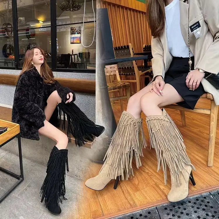 

2022 Autumn and Winter New Mid-Calf High Heel Skinny Tassel Women's Boots Winter Warm Large Size Western Style Women's Shoes