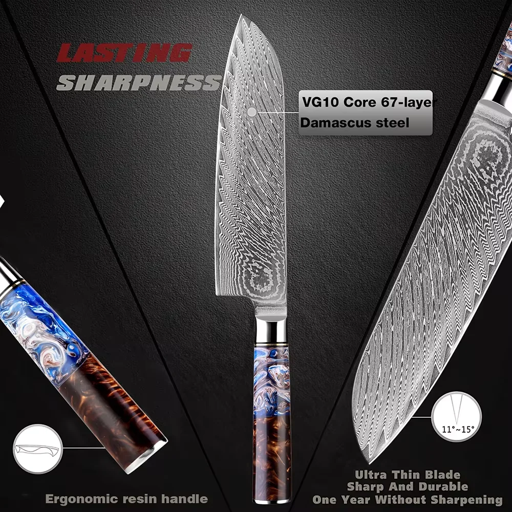 Японский дамасская сталь 7-дюймовый нож Santoku Острый кухонный для нарезки Sea Blue