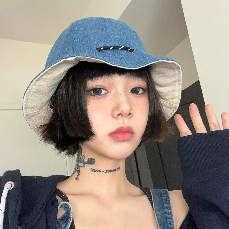 

Japanese Retro Denim Double-sided Fisherman Hat Solid Color Drawstring Basin Hats Women Outdoor Foldable Messenger Bag Sun Cap