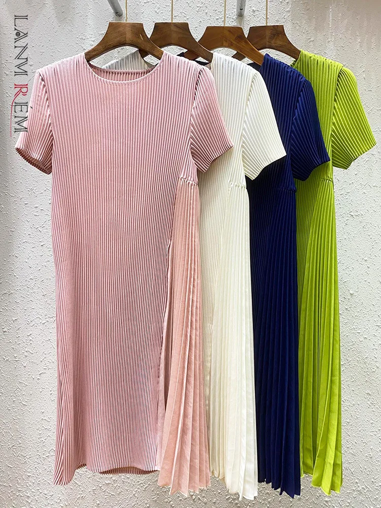 

LANMREM Patchwork Pleated Dress For Women O Neck Short Sleeves Loose Stitching Chic Dresses Ladies Summer Clothing 2022 2R2355