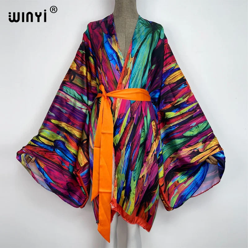 

WINYI elegant beach Bikini Sweet Lady Boho colour Print Self Belted Front Open Long Kimono Beach Tunic Women Wrap Dresses kaftan