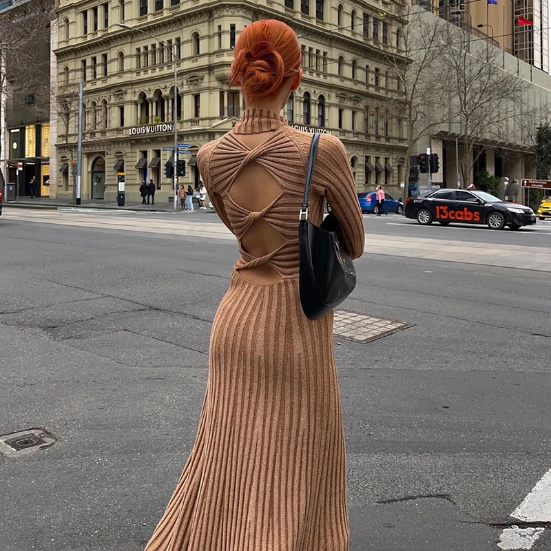 

Винтажное трикотажное платье с вырезами на спине Y2K, уличная одежда в стиле ретро, шикарные женские осенние облегающие длинные платья с длинным рукавом, элегантные