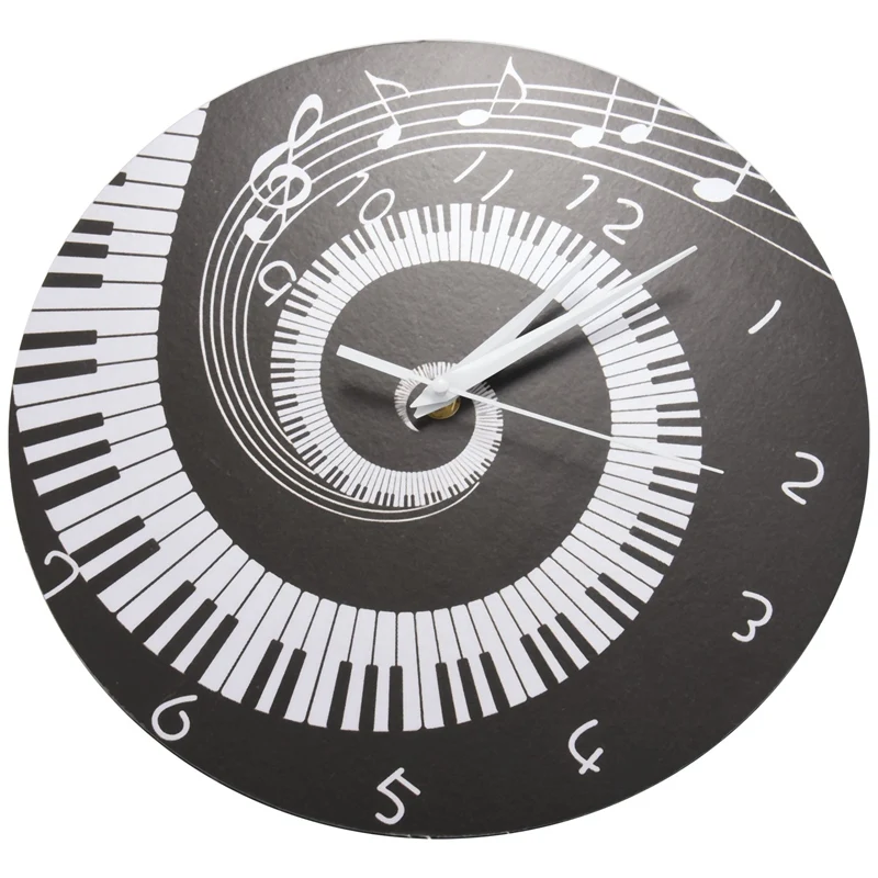 Elegant Piano Key Clock Music Notes Wave Round Modern Wall Clock Without Battery Black + White Acrylic images - 6