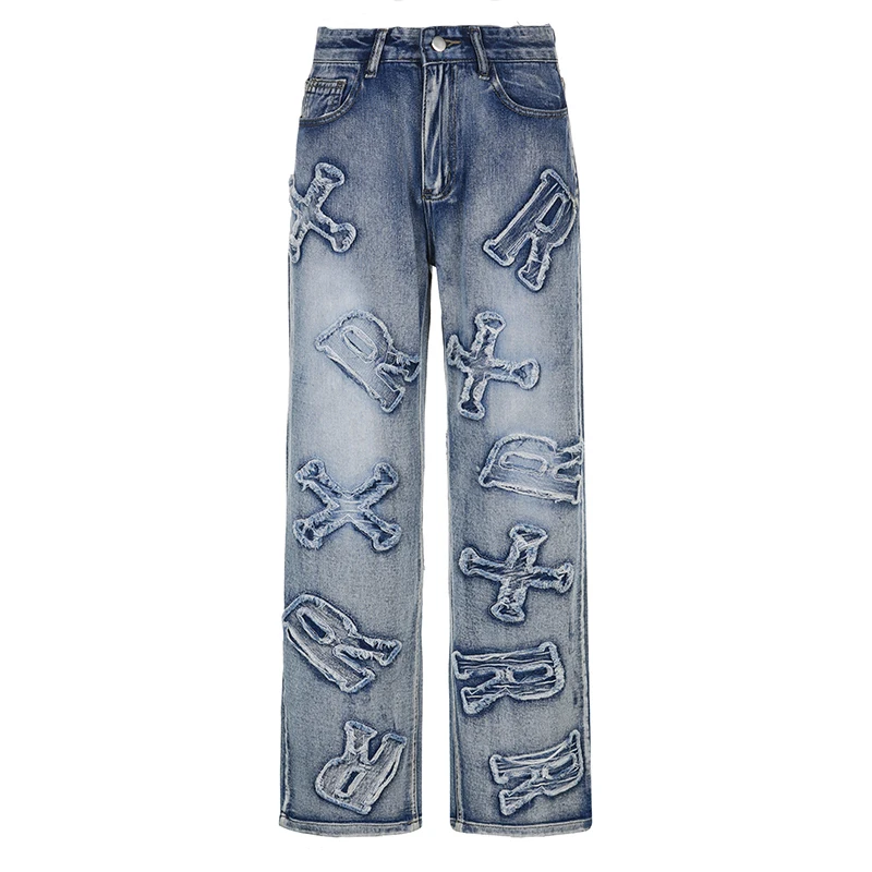 Streetwear Grunge Letter Patched Distressed Women Jeans Straight Casual Y2K Design Denim Trousers Korean Style Bottom