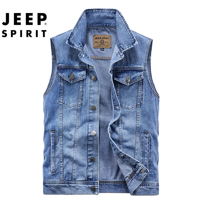 

JEEP SPIRIT men denim vests spring autumn new fashion stand collar trend temperament waistcoat casual urban sleeveless jacket