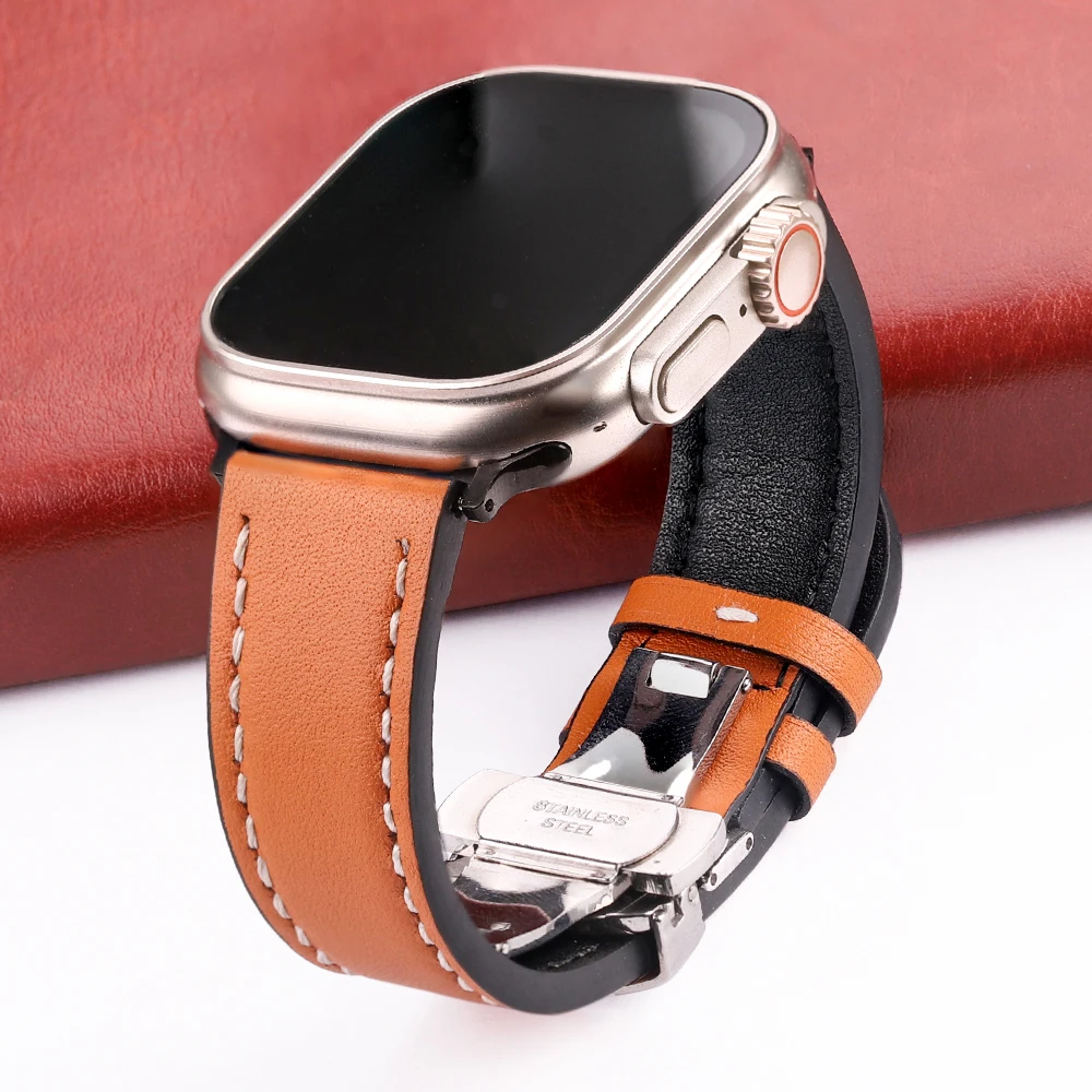 Leather Strap For Apple Watch Ultra Band 49mm 45mm 41mm 40mm 44mm 42mm Butterfly Clasp Bracelet Iwatch Series 9 8 7 Se 6 5 4 3