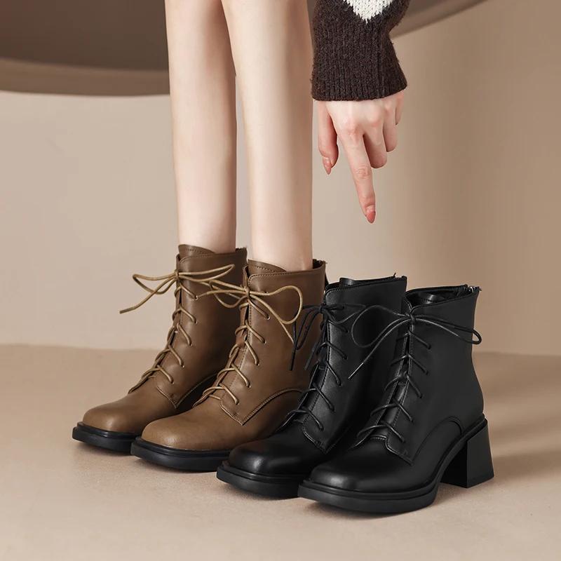 MythLuo Ankle Boots For Women Chunky Heels Boots Genuine Leather Square Toe Lace Up Thick Sole Ladies Casual Pumps Shoes